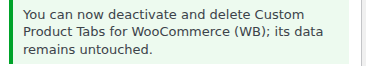 A green note on the Migrate screen: "You can now deactivate and delete Custom Product Tabs for WooCommerce (WB); its data remains untouched."