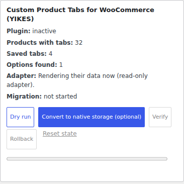 A detail of the Migrate screen: the card for Custom Product Tabs for WooCommerce (YIKES), reading Plugin: inactive, Products with tabs: 32, Saved tabs: 4, Options found: 1, Adapter: rendering their data now (read-only), Migration: not started, with Dry run, Convert to native storage (optional), Verify, Rollback and Reset state controls.