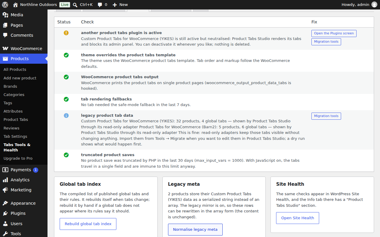 The Health tab of the Tabs Tools and Health screen. A table of six checks with status icons: another product tabs plugin is active (warning, with buttons to open the Plugins screen and the migration tools); theme overrides the product tabs template (pass); WooCommerce product tabs output (pass); tab rendering fallbacks (pass); legacy product tab data (information, listing 32 YIKES products and 5 Barn2 products read through adapters); and truncated product saves (pass, noting max_input_vars is 1000). Below are three cards: Global tab index with a Rebuild button, Legacy meta with a Normalise button, and Site Health with a link.