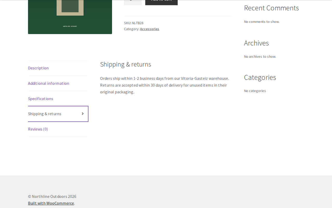 A WooCommerce product page on the storefront with a vertical tab list: Description, Additional information, Specifications, Shipping & returns (selected) and Reviews. The open panel shows a heading and two sentences about delivery times and the returns window.